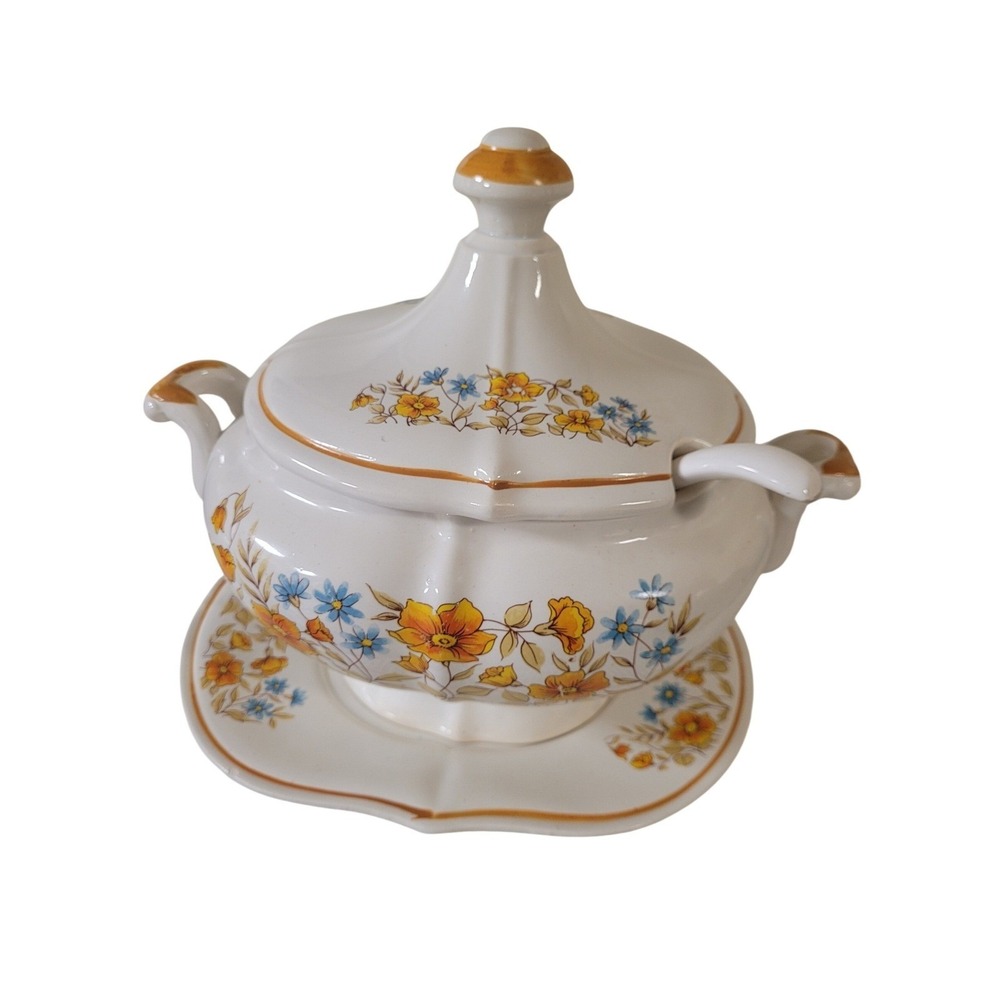 Soup Tureen Ladle Plate Lid Vintage Floral Design 70s‎ Collectable 4 Piece Japan